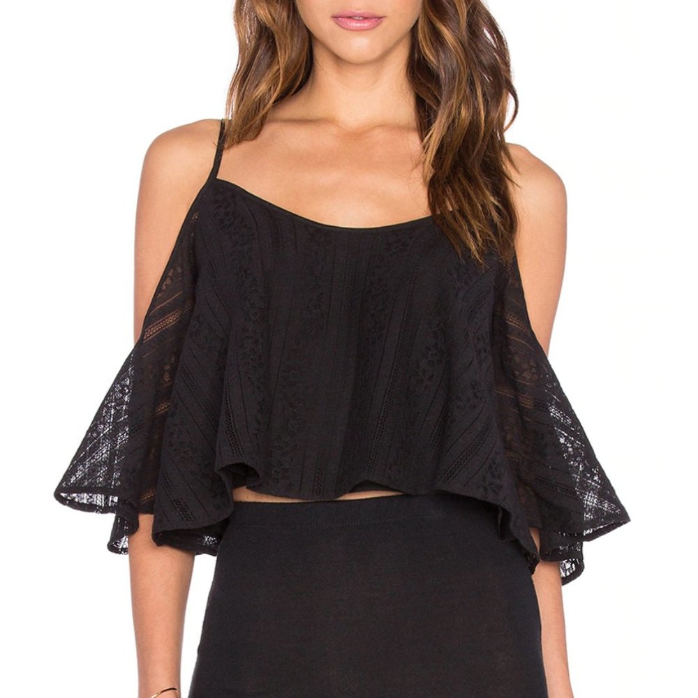 NWT Cropped Flowy Cold Shoulder Spaghetti Strap Eyelet Top Fifth Label Black XXS